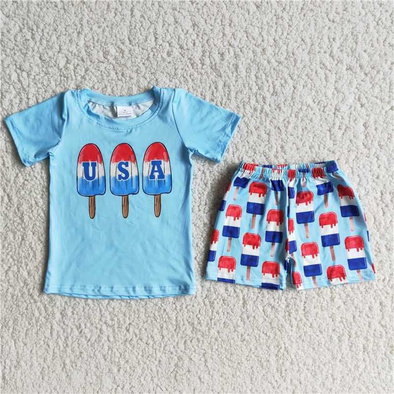 (Promotion)D7-15 USA Top Popsicle Shorts Boys 4th of July Clothes Set
