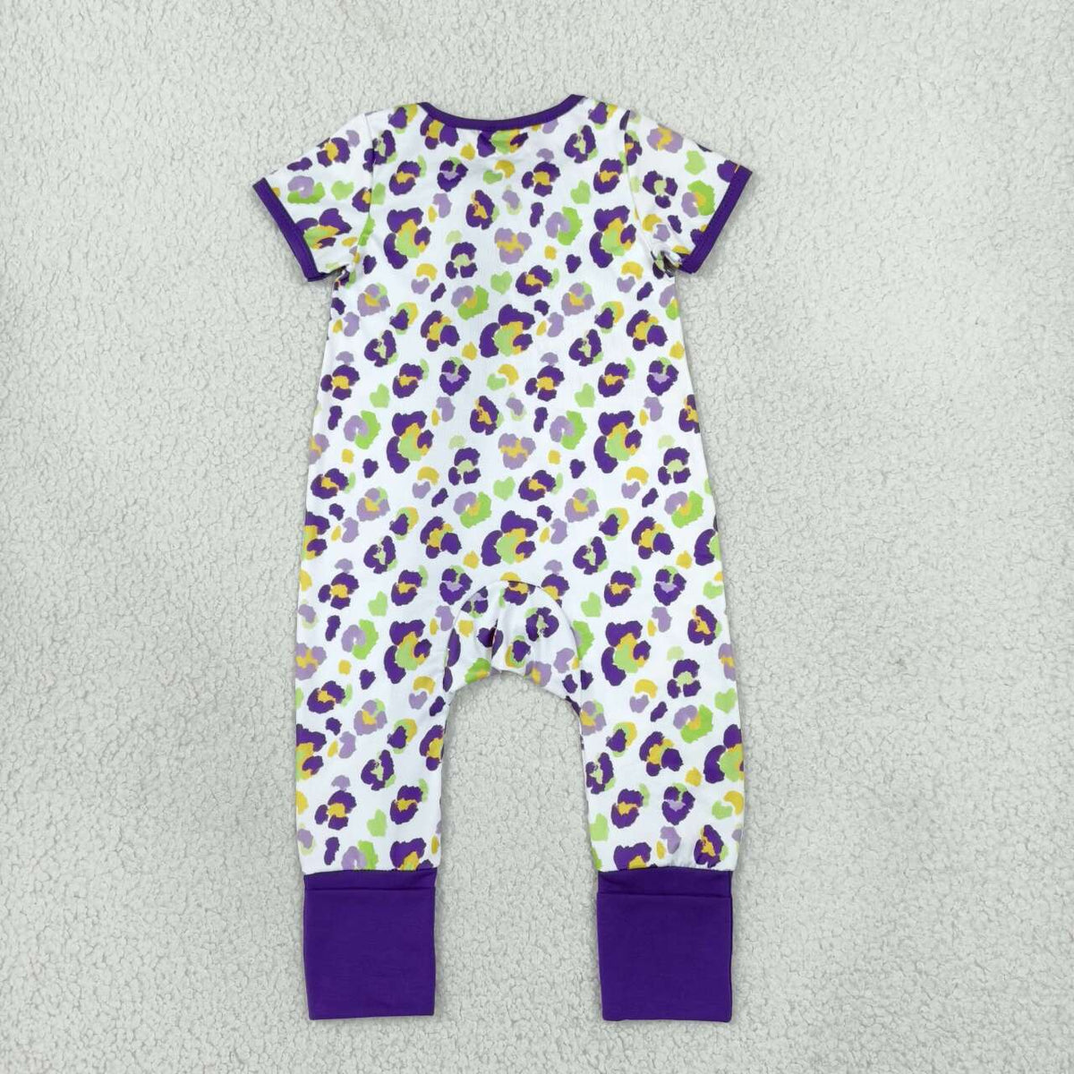 Purple Leopard Print Baby Girls Mardi Gras Zipper Sleeper Romper