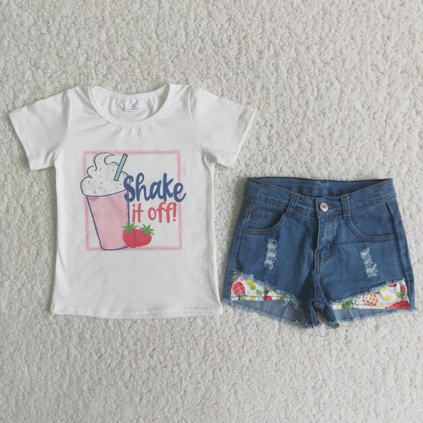 Strawberry drinks white top denim shorts Girls summer outfits D8-17