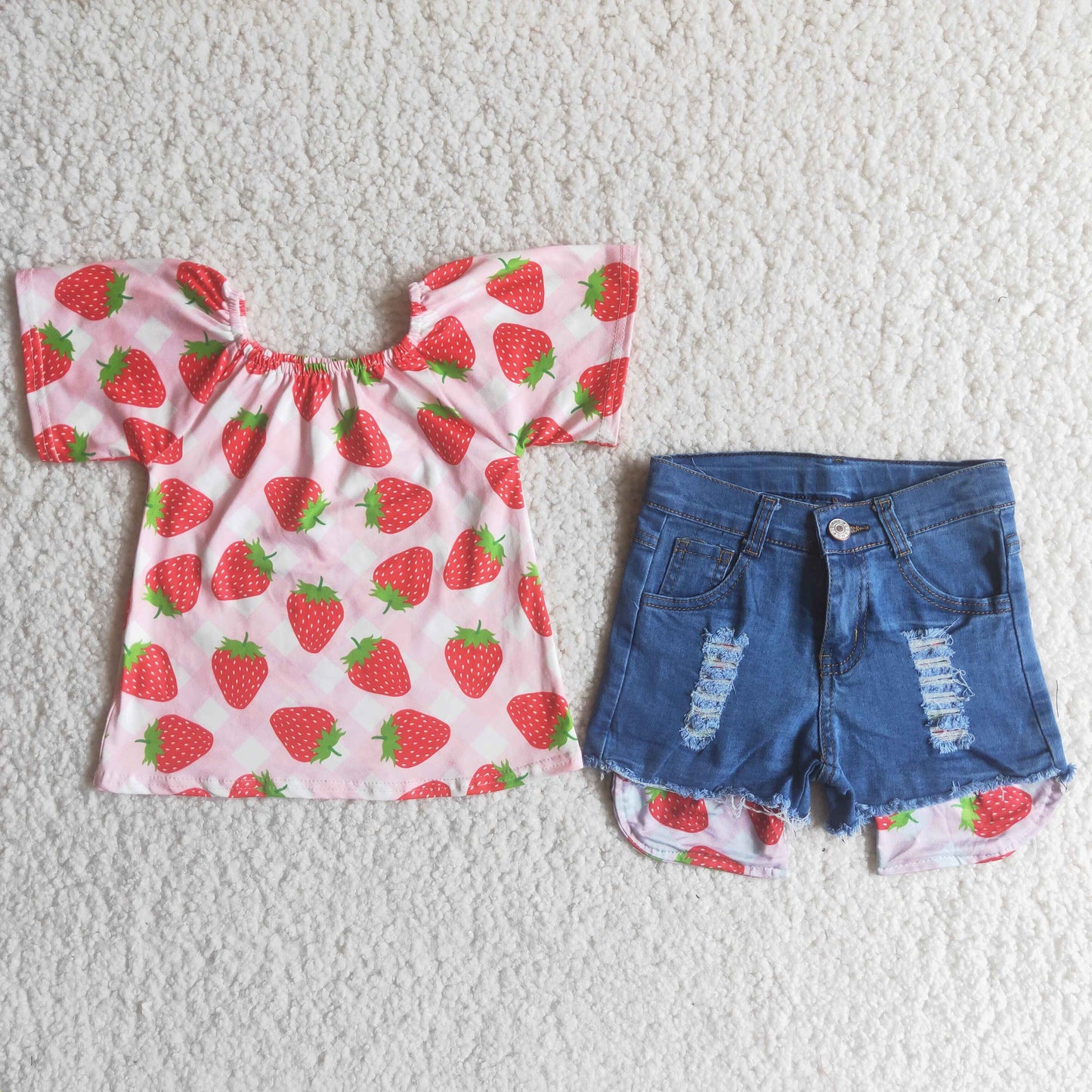 Strawberry Top Blue denim shorts Girls summer outfits D8-29