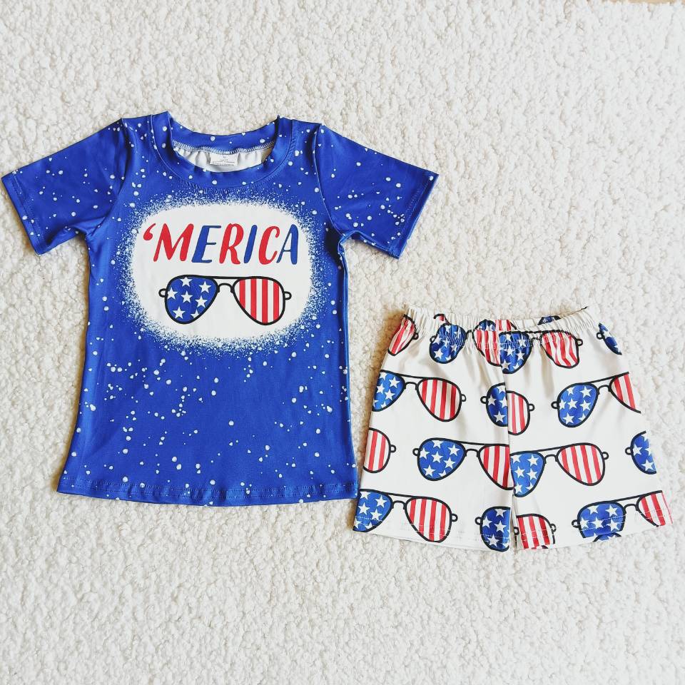 (Promotion)D9-28 MERICA Sunglasses Blue Top White Shorts Boys 4th of July Clothes Set