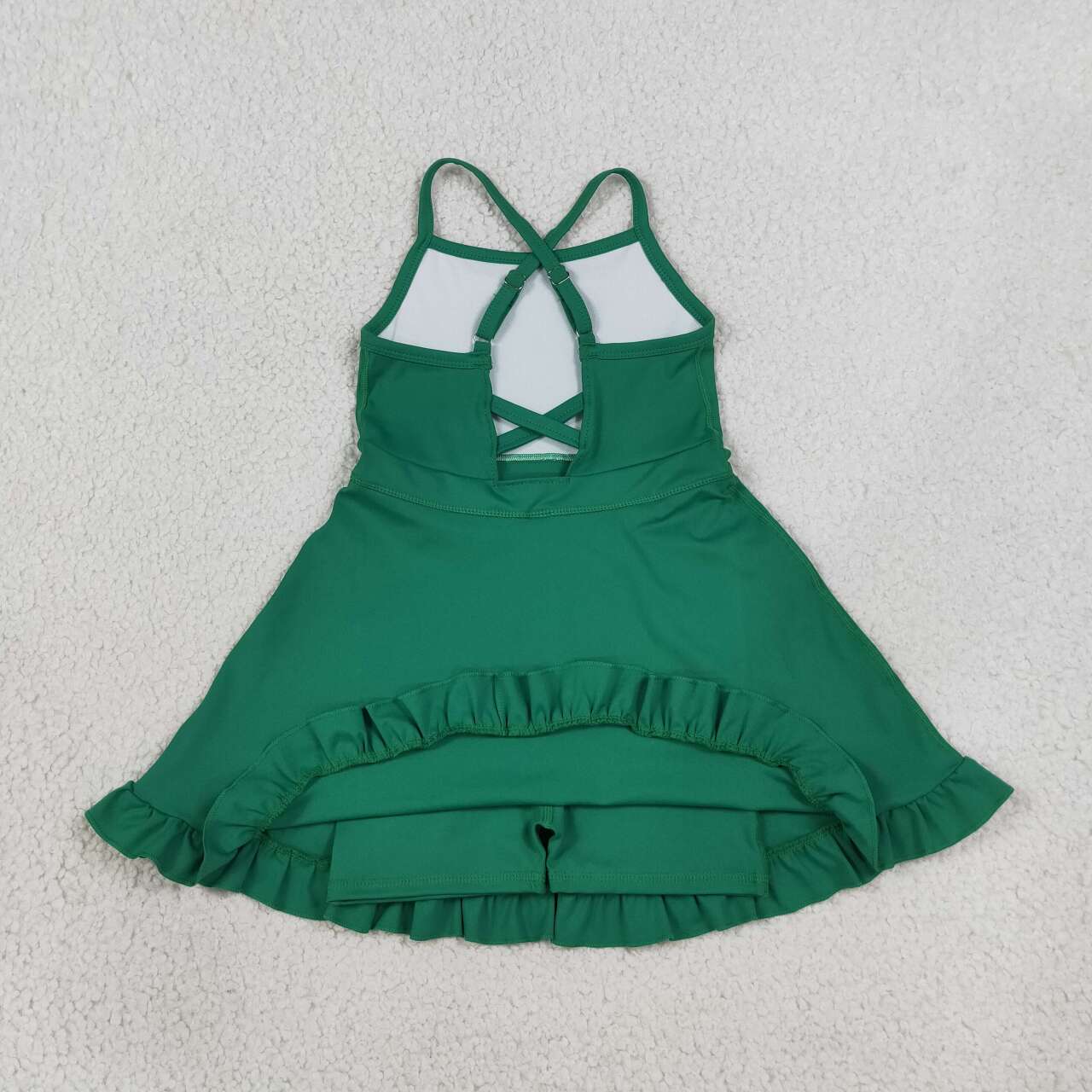S0782 Green Girls Summer Strap Shorts Ruffle Knee Length Yoga Dress