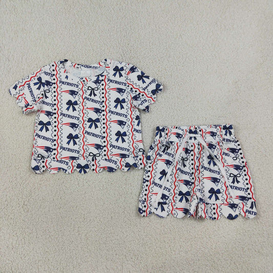GSSO3854 Teams PATRIOTS Bows Print Girls Summer Scallop Clothes Set