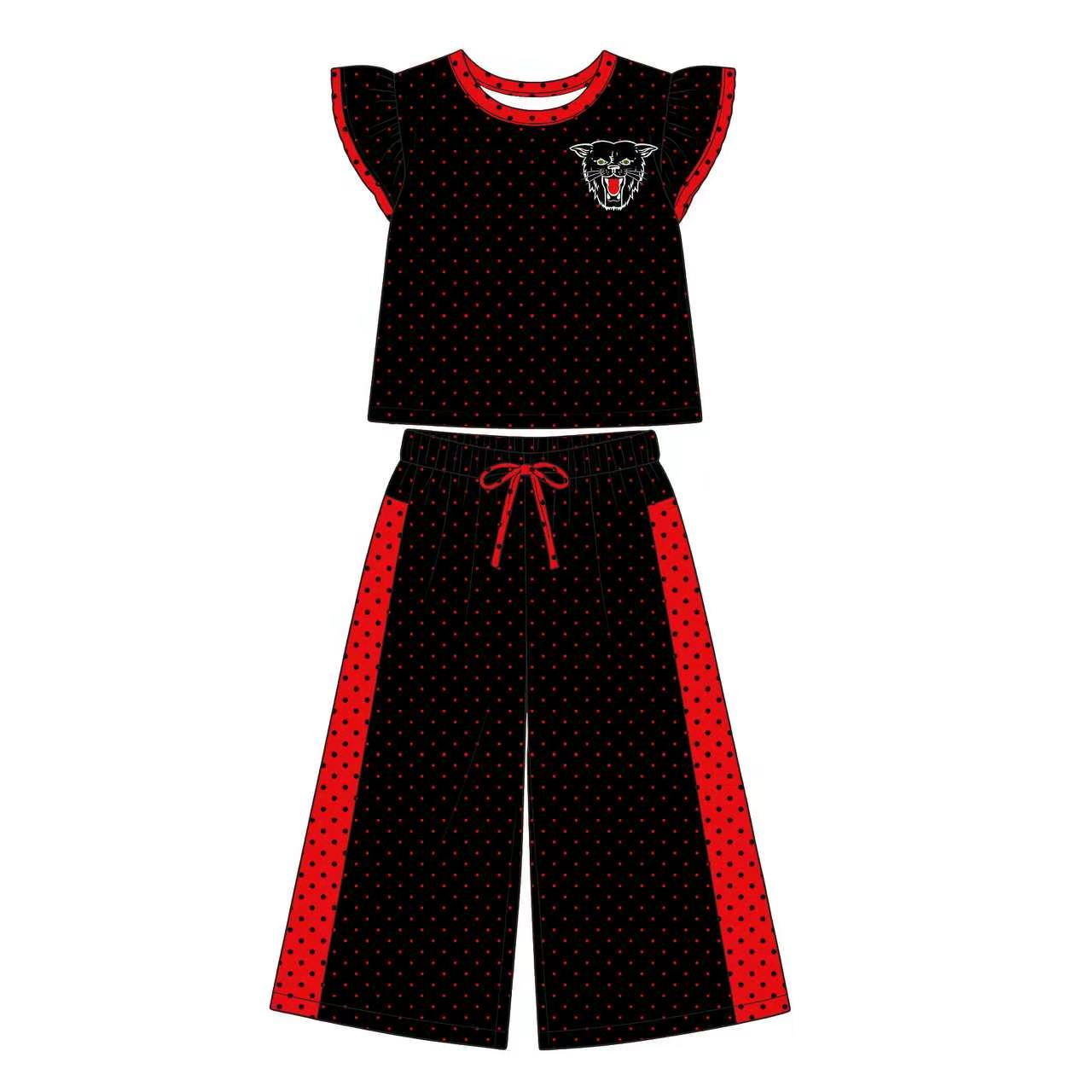 (Custom Design Preorder MOQ 5) Teams Dexter Bearcats Black Polka’d Dots Straight Pants Girls Clothes Set