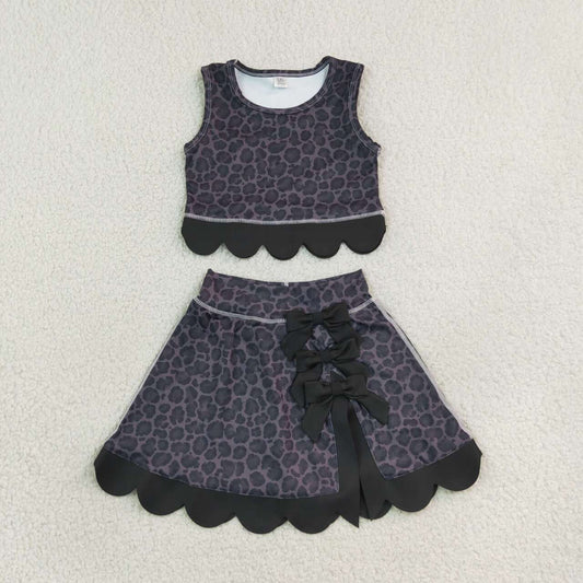 GSD4268 Black Leopard Bows Girls Summer Scallop Yoga Clothes Set