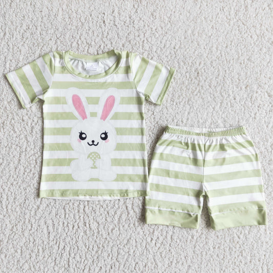 (Promotion)E5-12 Bunny Green Stripes Print Shorts Boys Easter Pajamas Clothes Set
