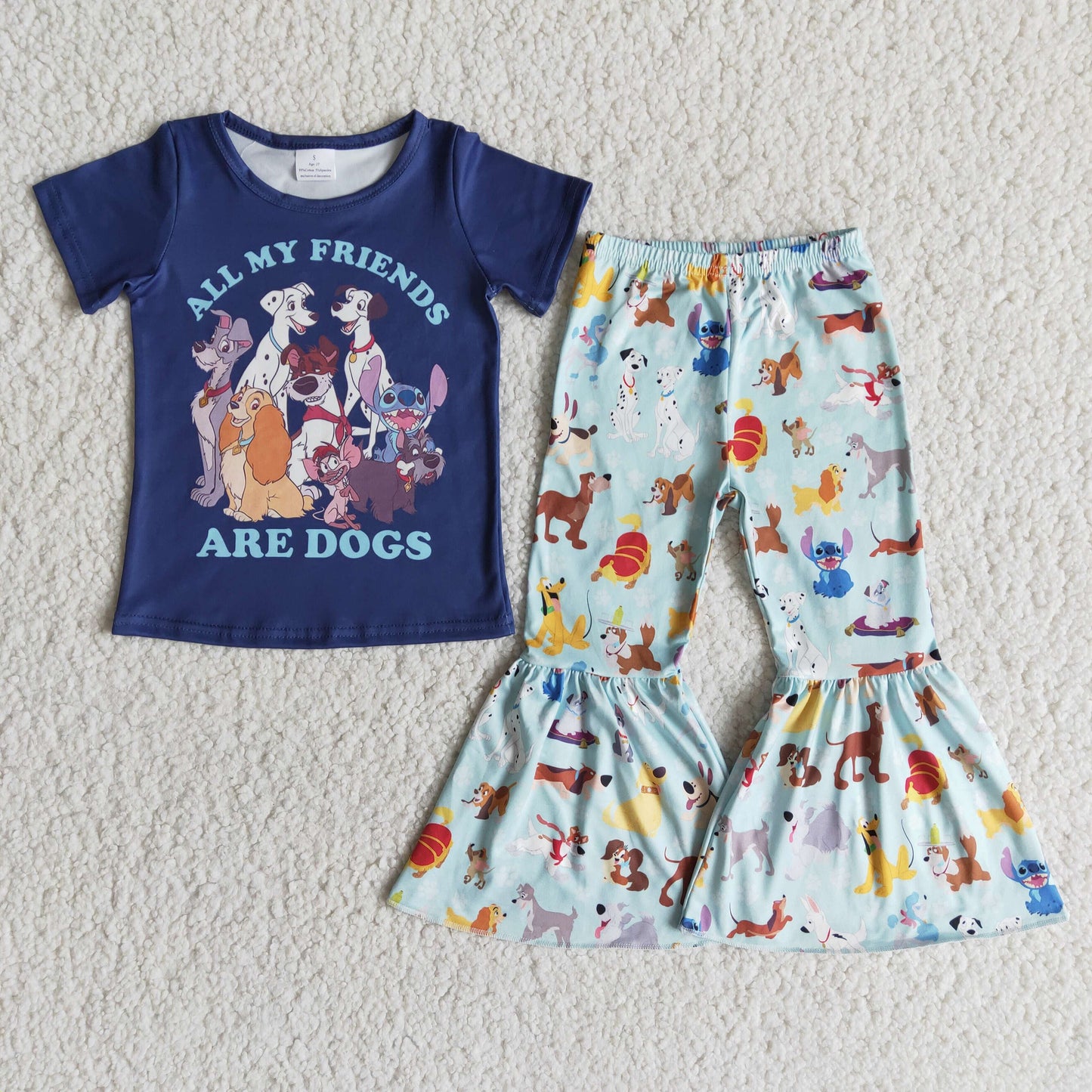 (Promotion)E7-18 Cartoon Dog Friends Navy Top Bell Pants Girls Clothes Set