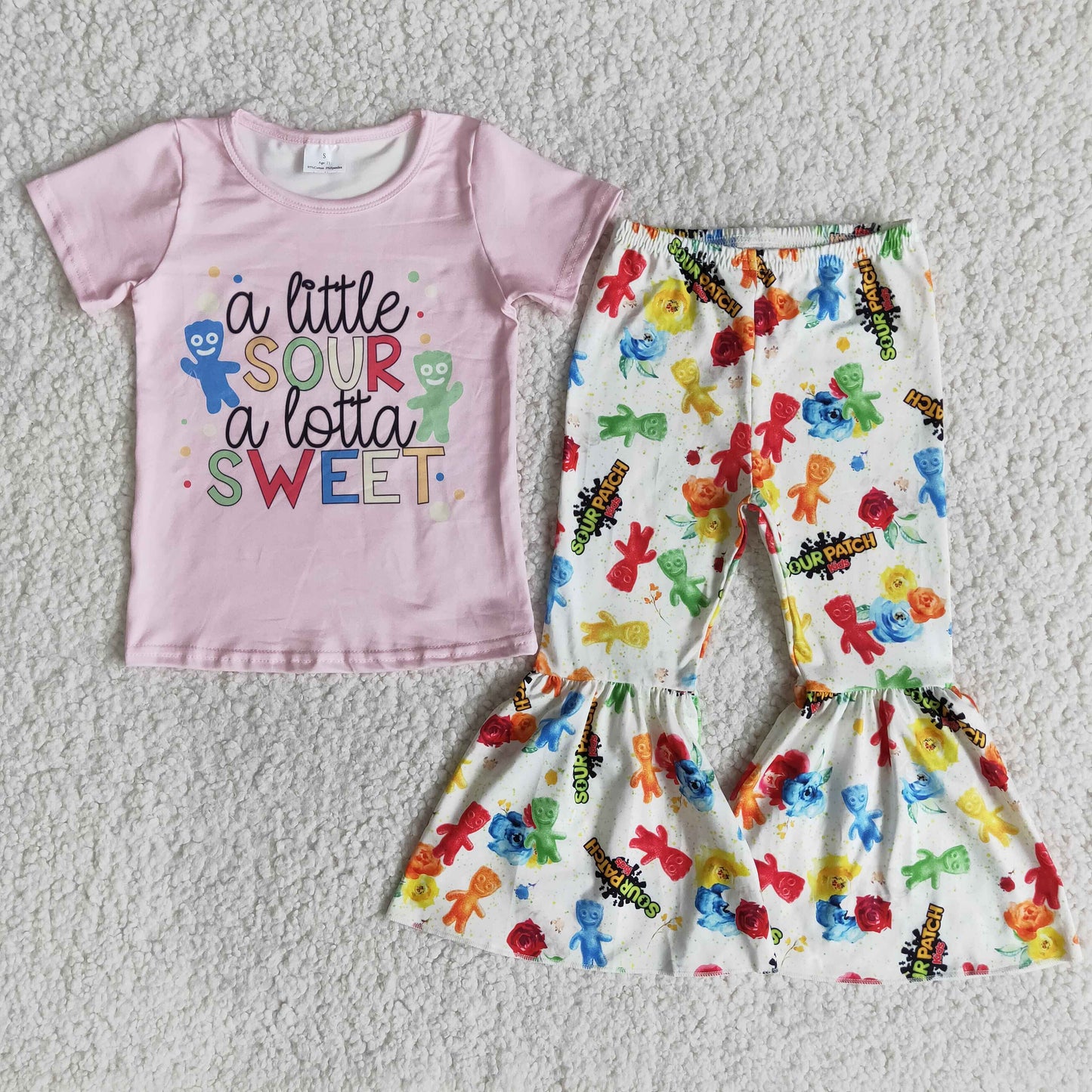 (Promotion)E9-11 a little SOUR a lotta SWEET Pink Top Bell Pants Girls Clothes Set