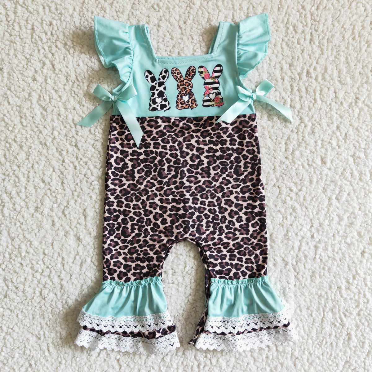 EC0005 Bunny Leopard Print Baby Girls Easter Ruffles Romper