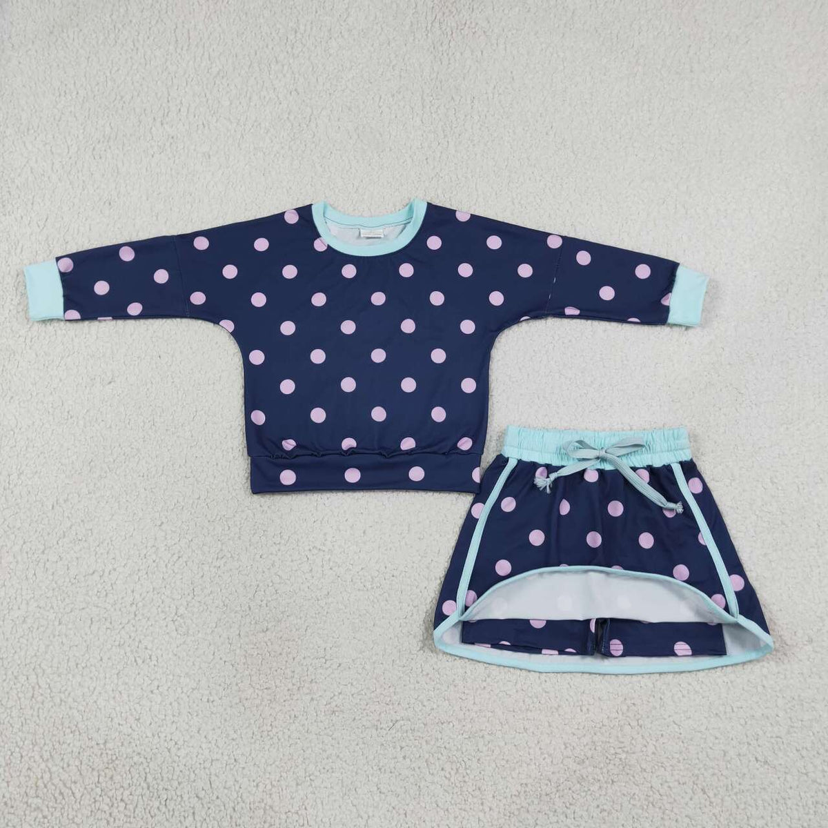 Kids Girls Navy Pink Polka Dot Long Sleeve Top with SKort Outfit