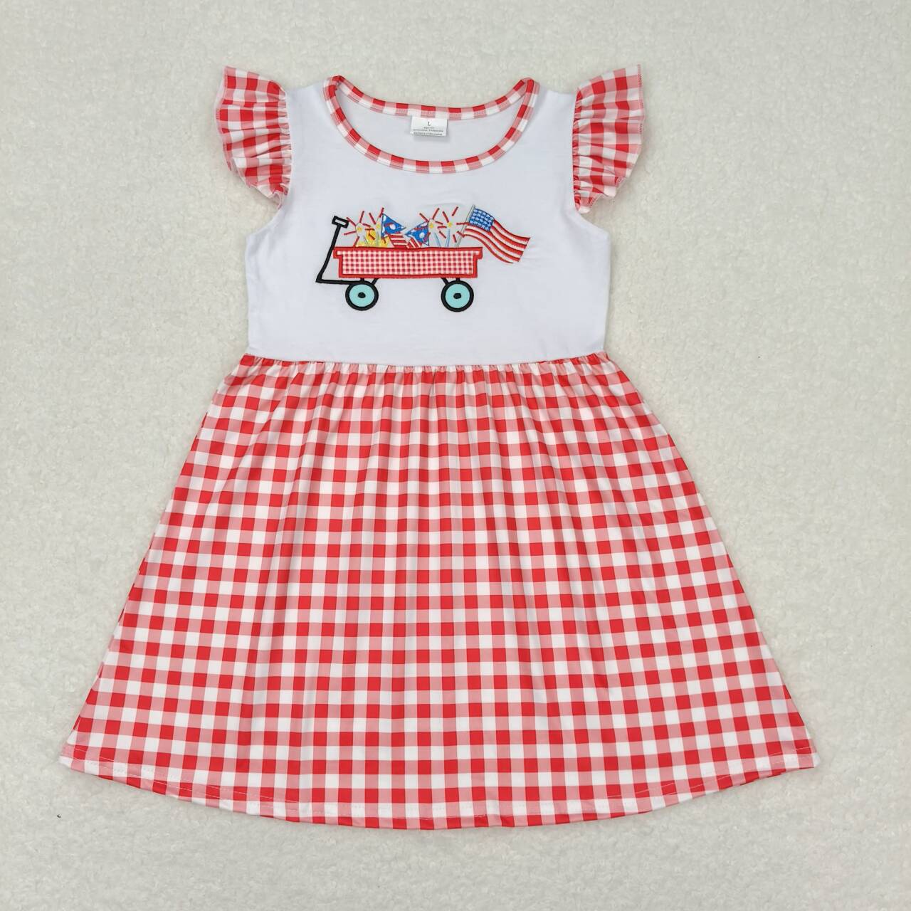 GSD0843 Flag Tractor Embroidery Red Plaid Baby Girls 4th of July Dress