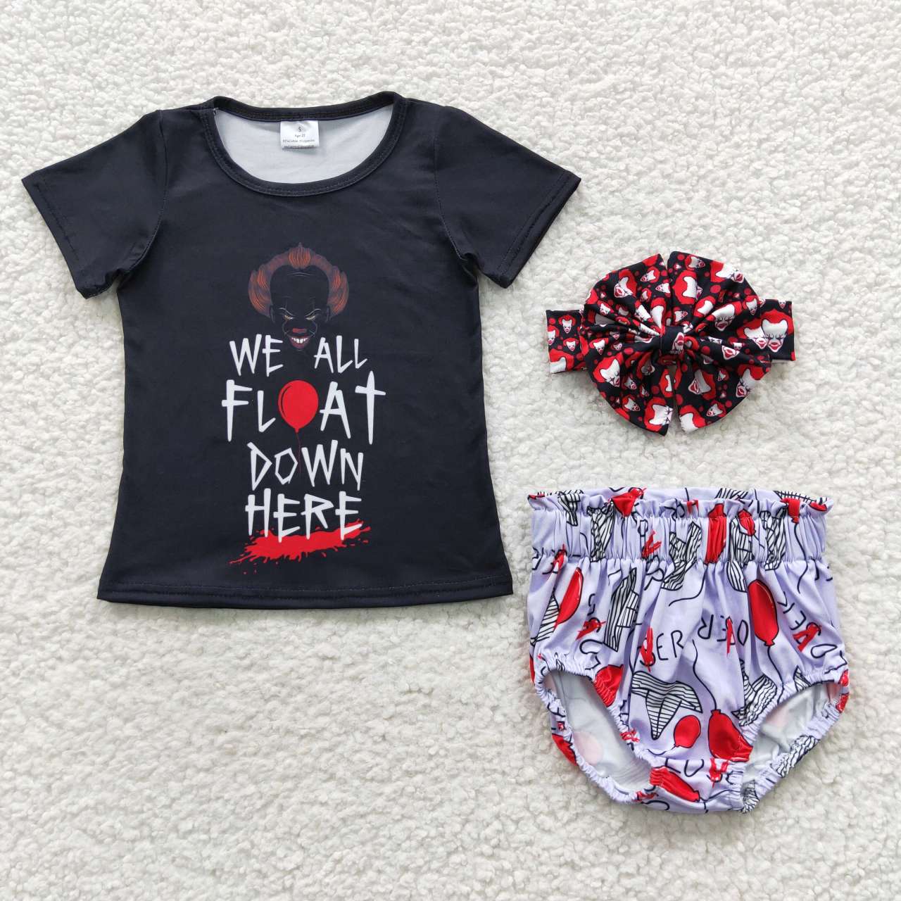 GBO0171 We All Float Down Top Shorts Baby Girls Halloween Bummie Set