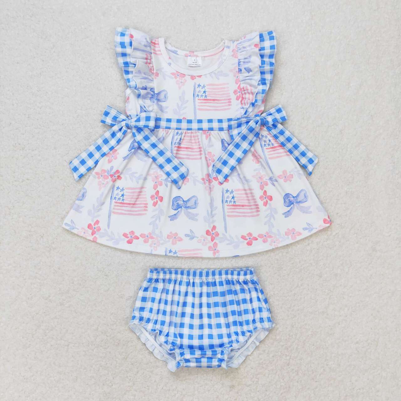 GBO0363 Flag Flowers Bows Tunic Top Plaid Shorts Baby Girls 4th of July Bummie Set
