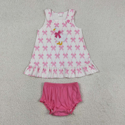 GBO0505 Goose Embroidery Bows Sleeveless Tunic Top Pink Shorts Baby Girls Summer Bummie Set