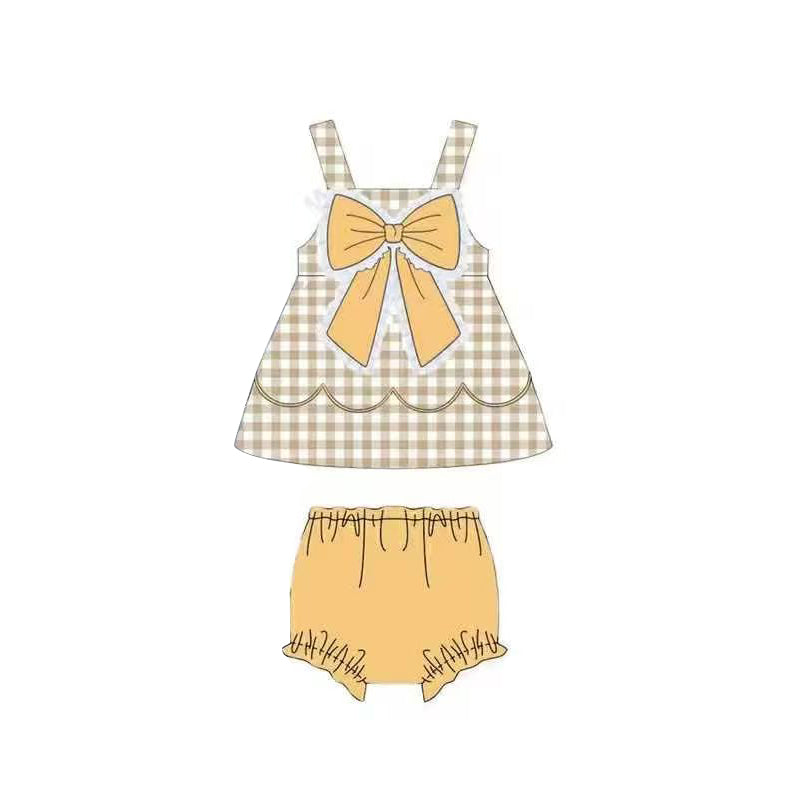 3.18 GBO0517 Preorder Plaid Big Bow Tunic Top Mustard Shorts Baby Girls Summer Bummie Set