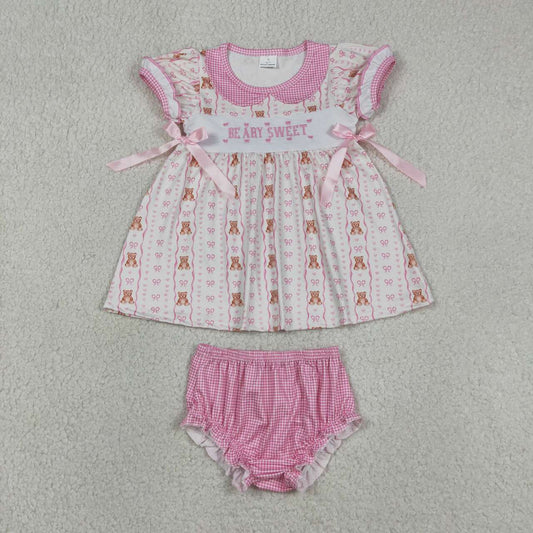 GBO0520 Beary Sweet Embroidery Bear Pink Bow Baby Girls Doll Collar Bummie Set