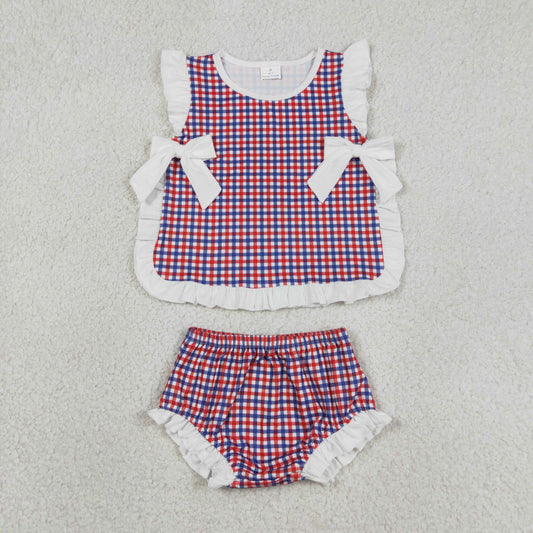 Sibling Baby Blue Red GIngham Bummie Set