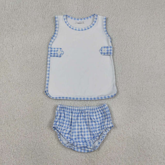 GBO0532 White Sleeveless Top Baby Boy Blue Gingham Bummie Set
