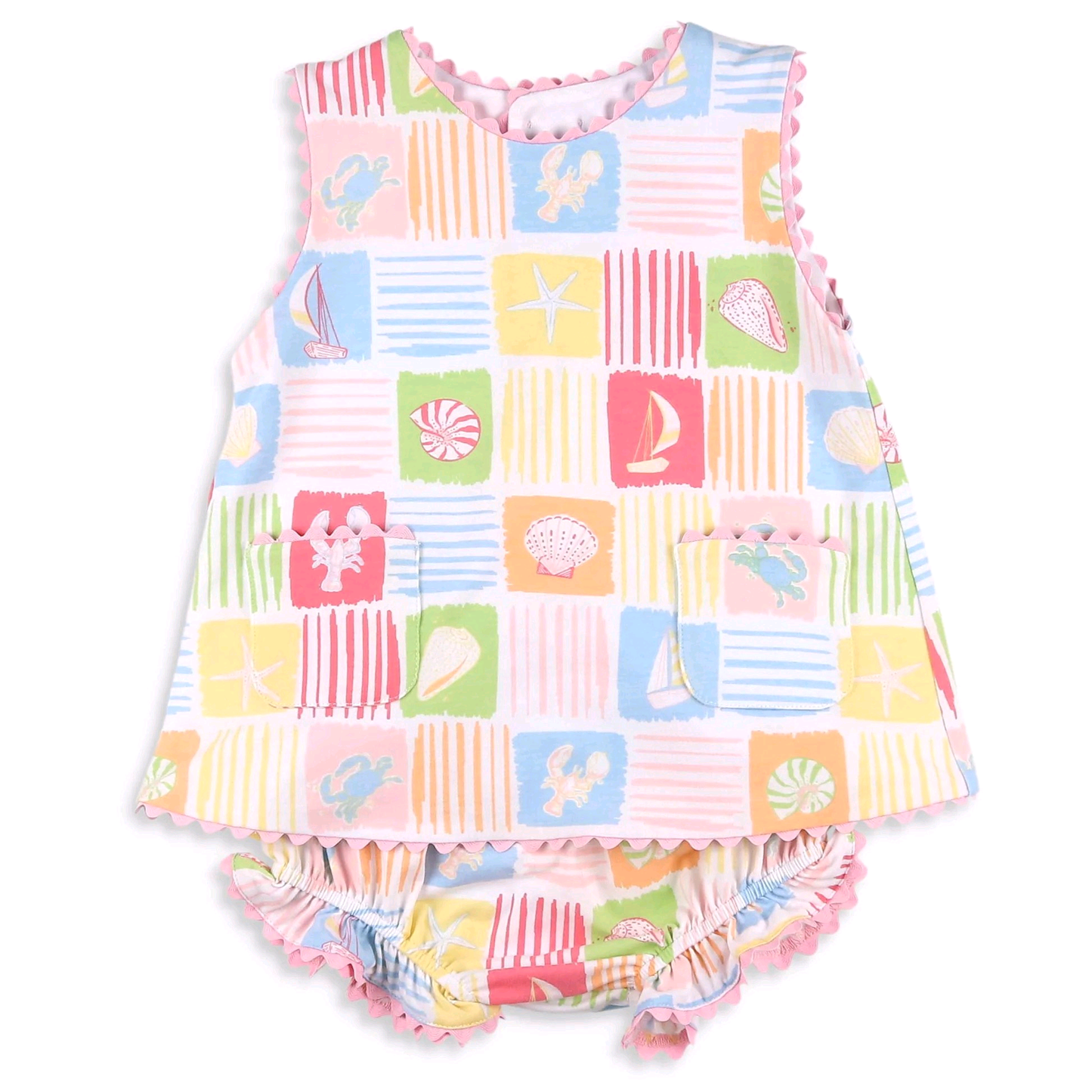 3.26 Baby Girls Coastal Print Sleeveless Outfit - Seaside Shell & Crab Top & Bloomers Set Preorder