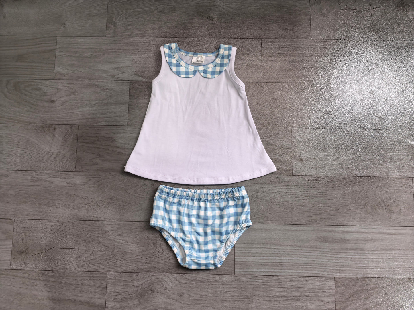 GBO0539 Baby Boys Sleeveless Top With Blue Gingham Bummie Set