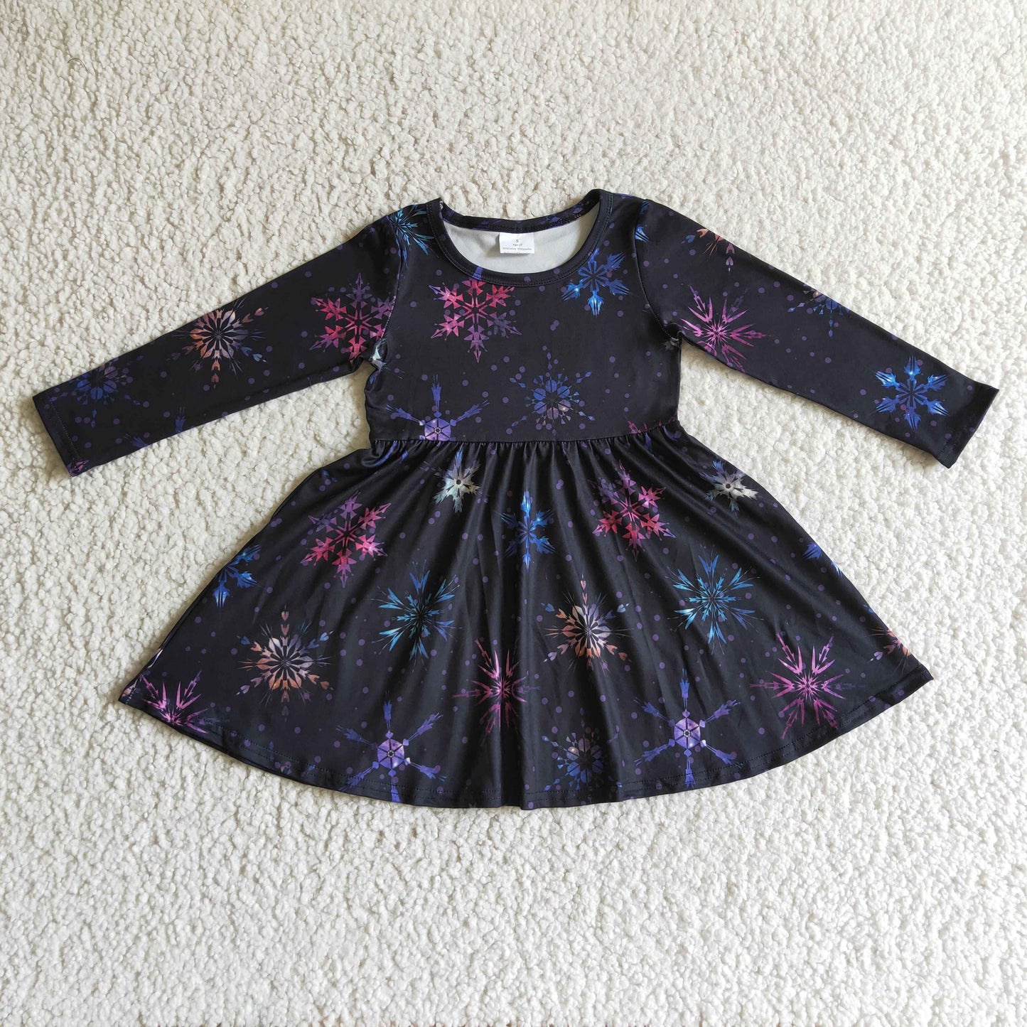 GLD0035 Colorful Snowflake Black Print Girls Christmas Knee Length Dress