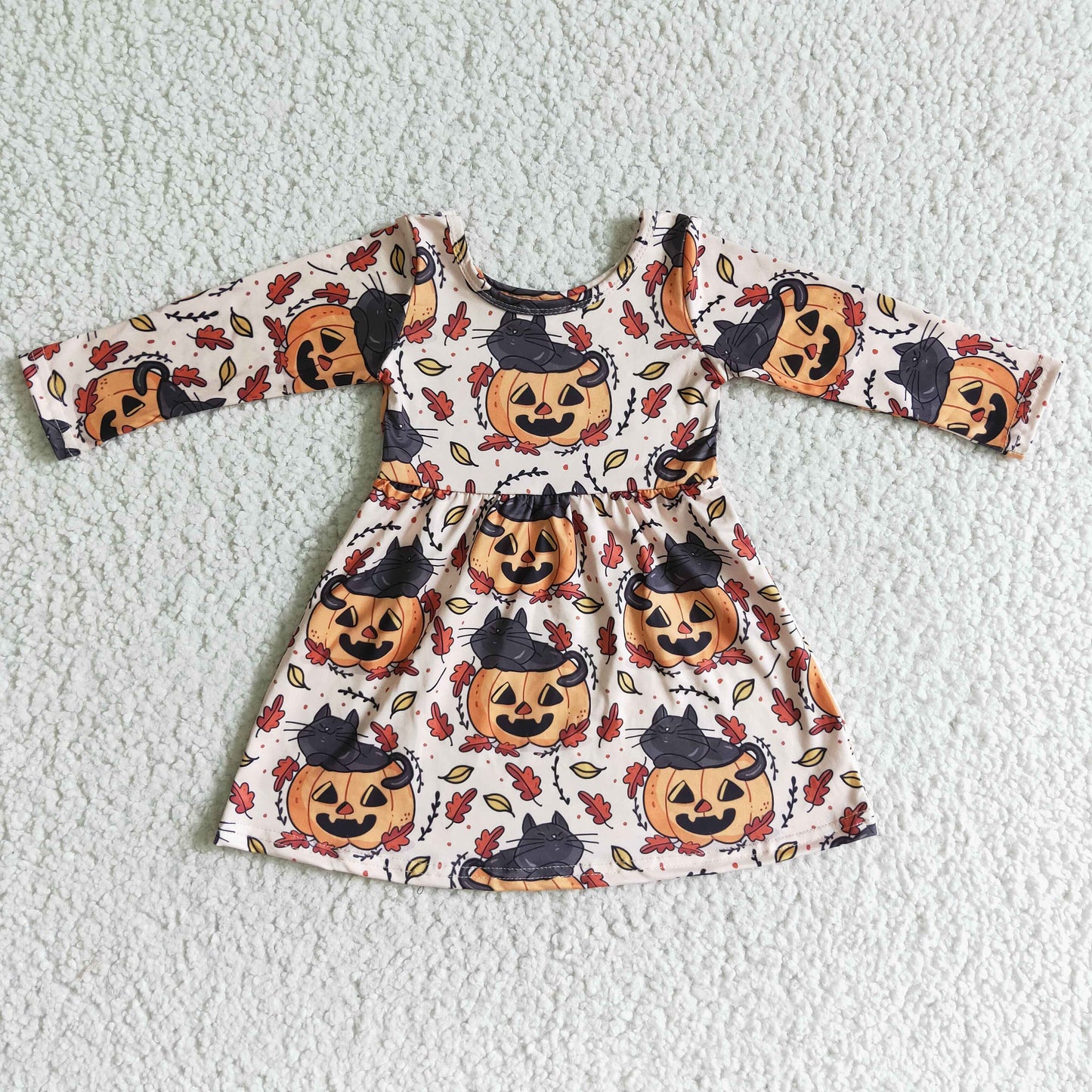 GLD0065 Pumpkin Leaf Print Girls Halloween Knee Length Dress