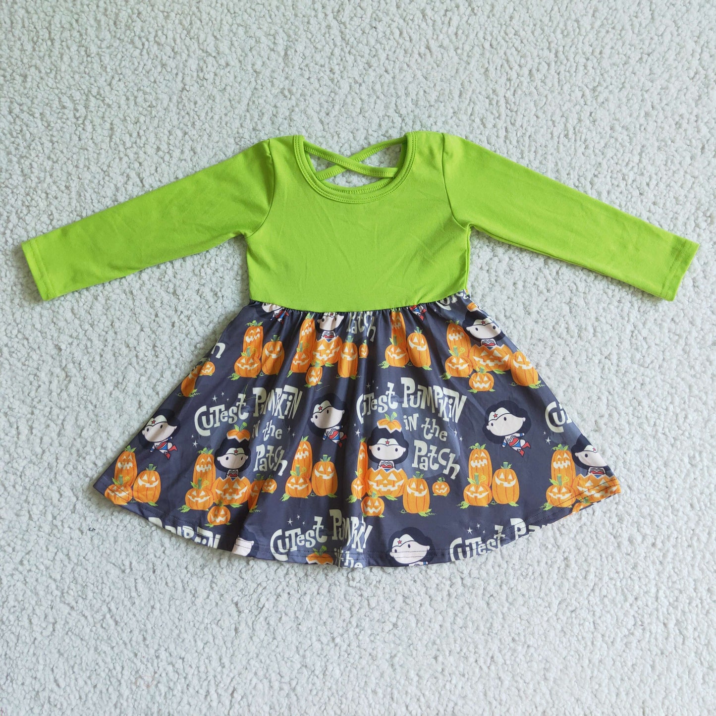 GLD0079 Pumpkin Patch Print Girls Halloween Knee Length Dress