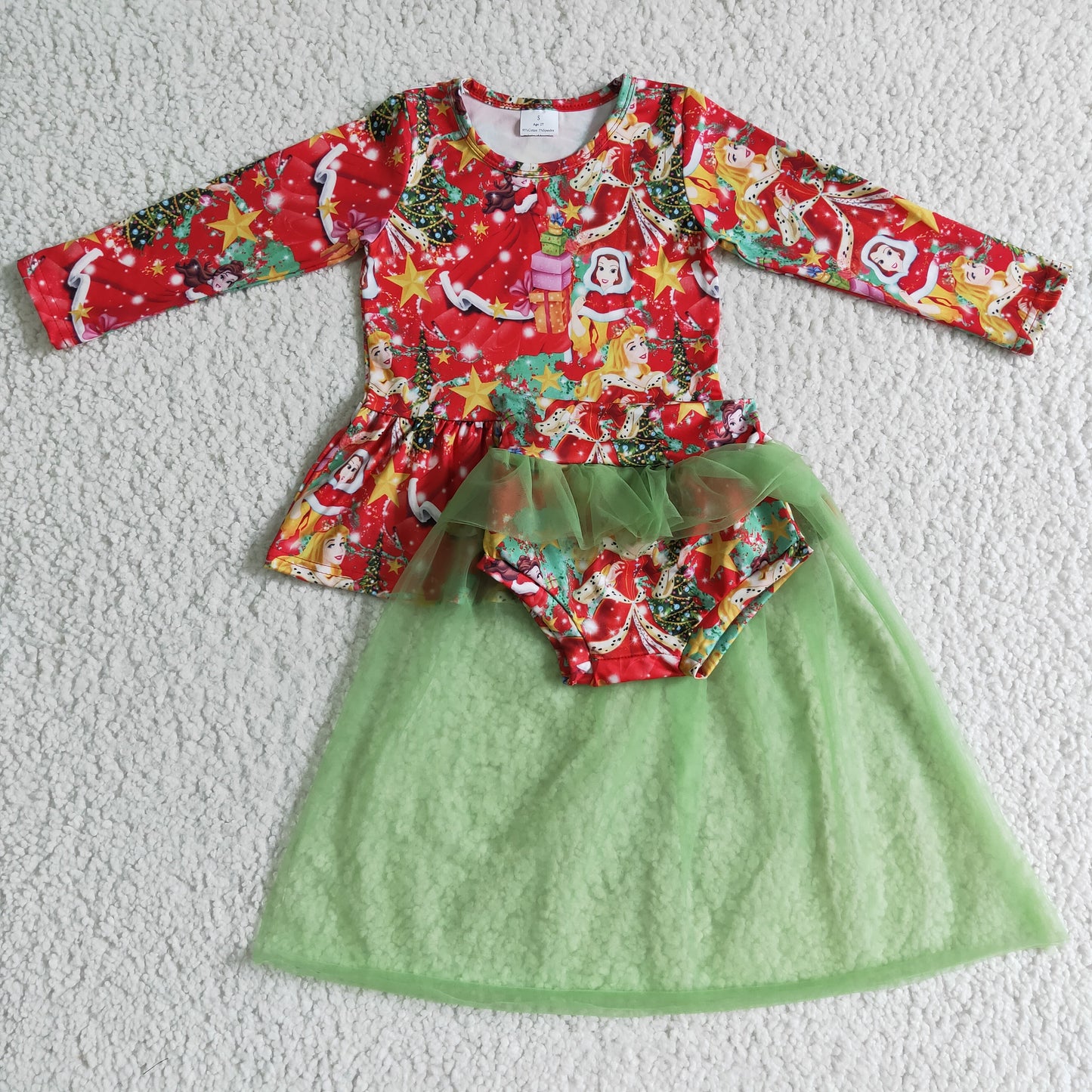 GLD0090 Princess Tree Red Top Green Tulle Shorts Baby Girls Christmas Bummie Set