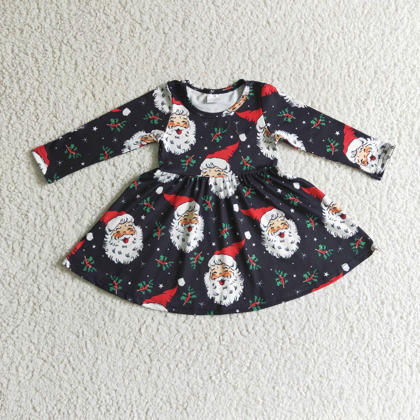 GLD0102 Santa Holly Black Print Girls Christmas Knee Length Dress