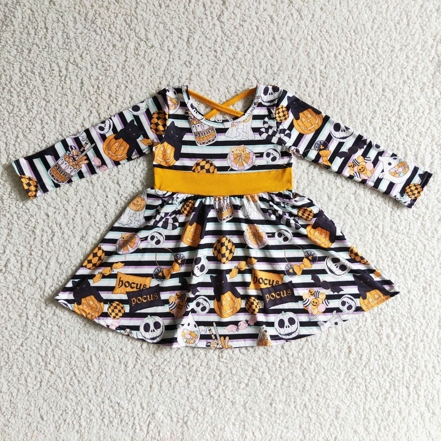 GLD0105 Nightmar* Pumpkin Stripes Print Girls Halloween Knee Length Dress
