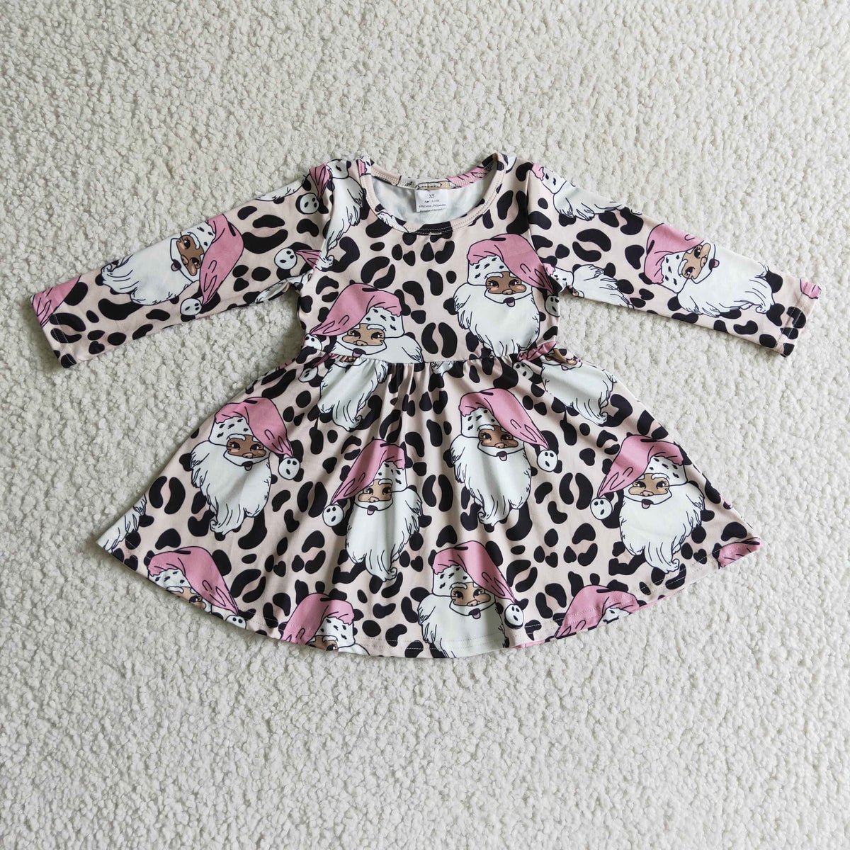 GLD0112 Santa Leopard Print Girls Christmas Knee Length Dress