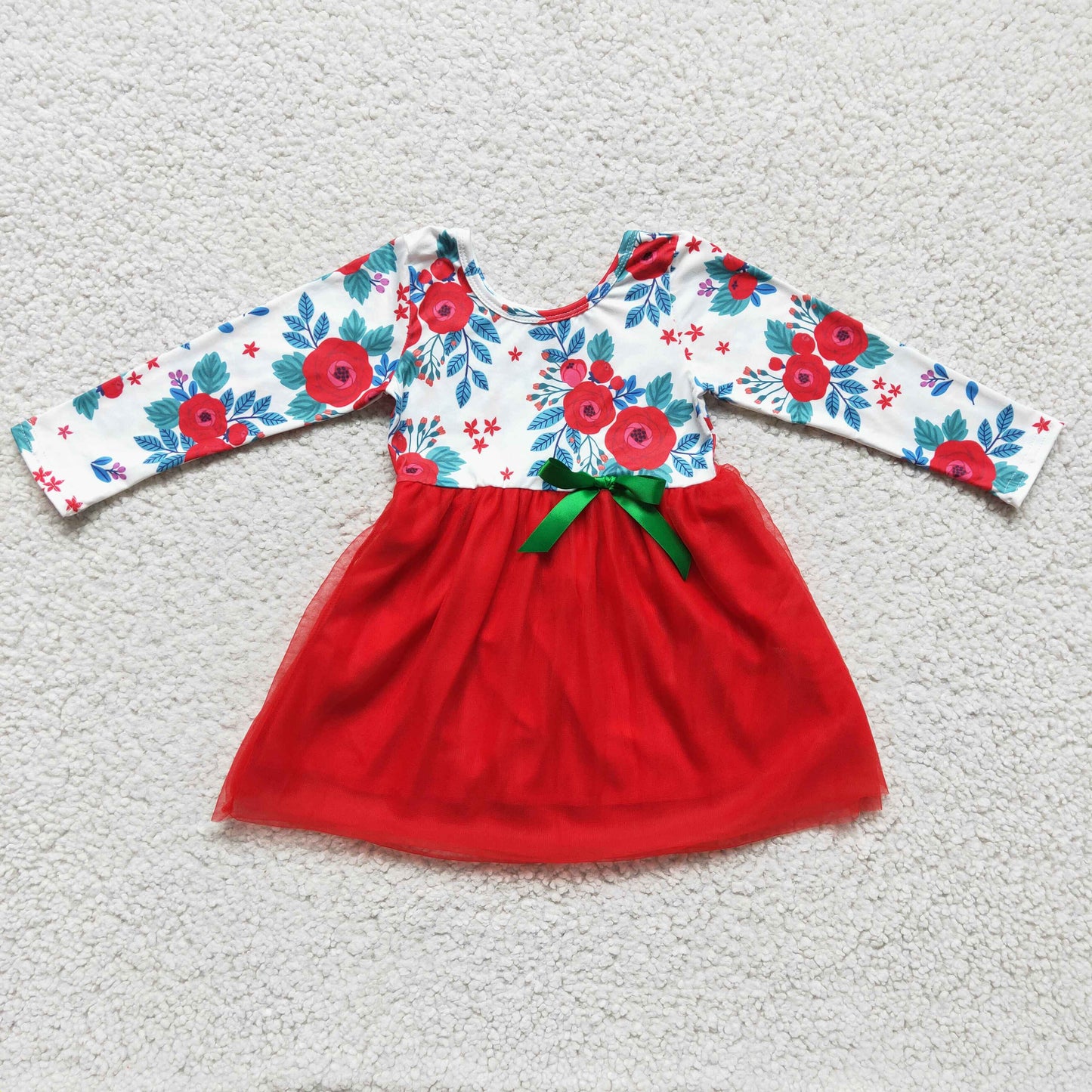 GLD0120 Holly Flowers Print Girls Christmas Knee Length Tulle Dress