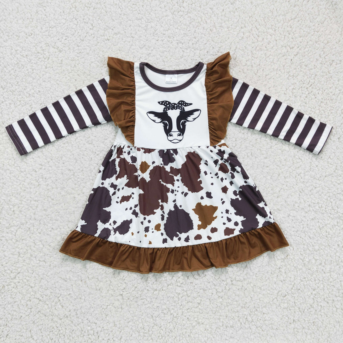 GLD0126 Heifer Cowhide Print Girls Long Sleeve Knee Length Dress