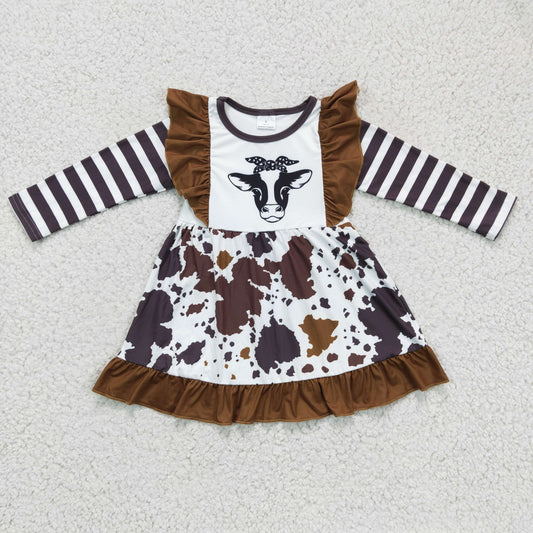 GLD0126 Heifer Cowhide Print Girls Long Sleeve Knee Length Dress
