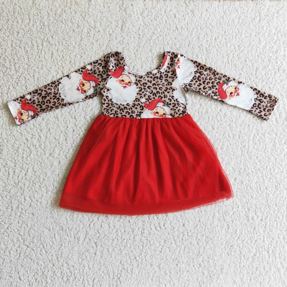 GLD0132 Santa Leopard Print Girls Christmas Knee Length Tulle Dress