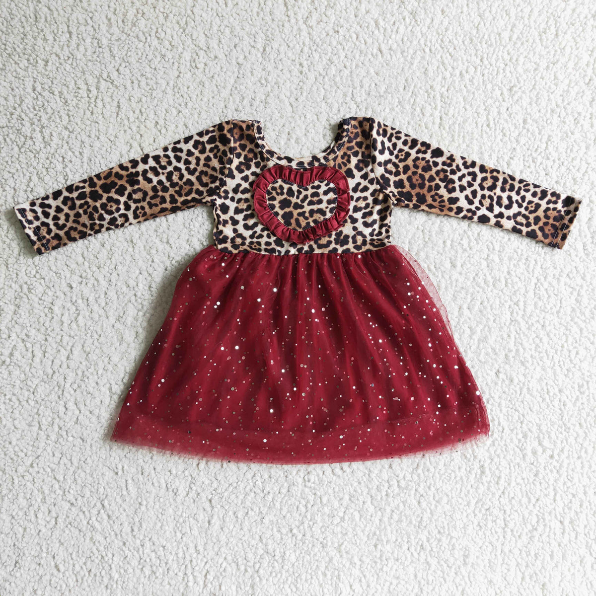GLD0139 Leopard Heart Embroidery Girls Valentine's Day Tulle Knee Length Dress