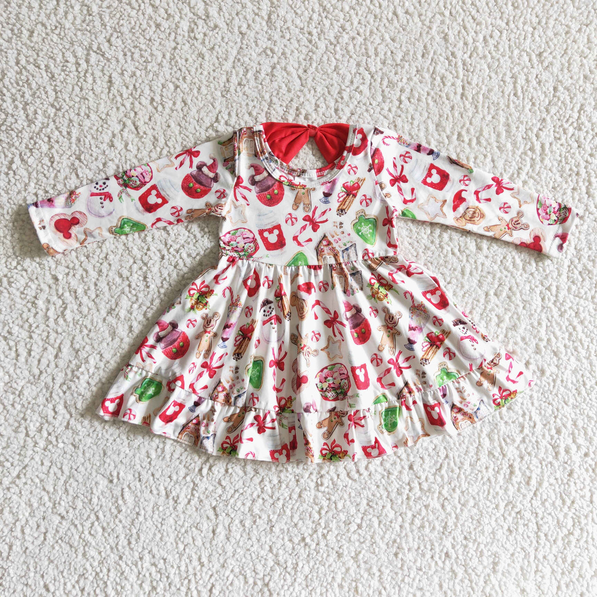 GLD0140 Gingerbread Candy Cane Print Girls Christmas Knee Length Dress