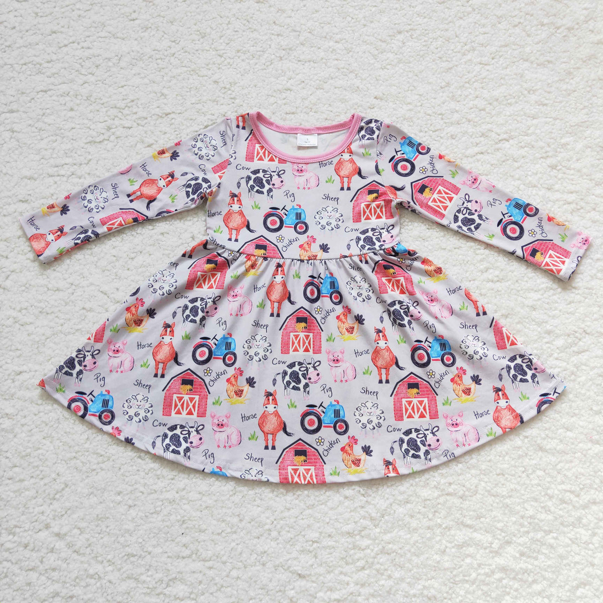 GLD0151 Farm Animals Print Girls Long Sleeve Knee Length Dress