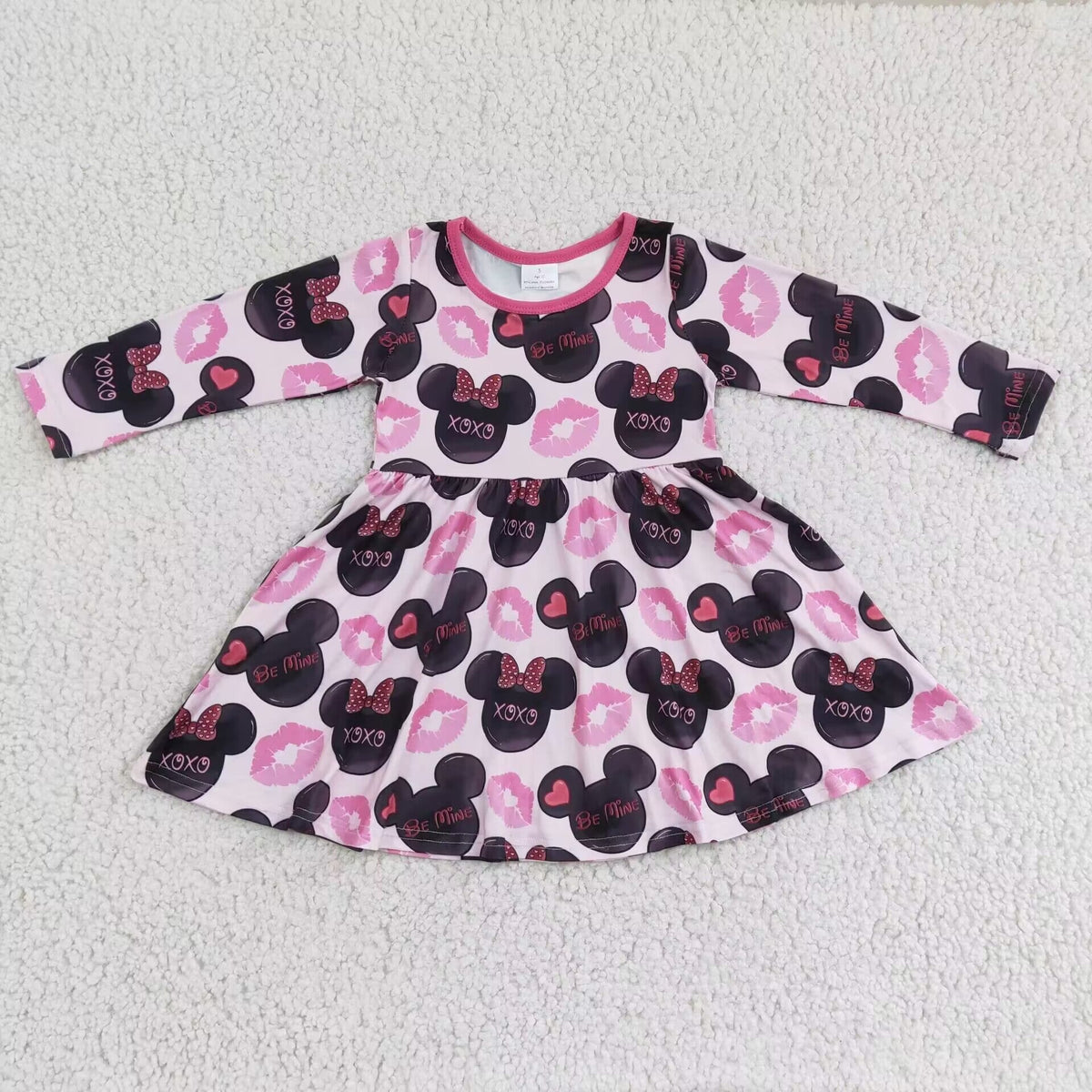 GLD0162 Cartoon Mouse XOXO Pink Print Girls Valentine's Day Knee Length Dress