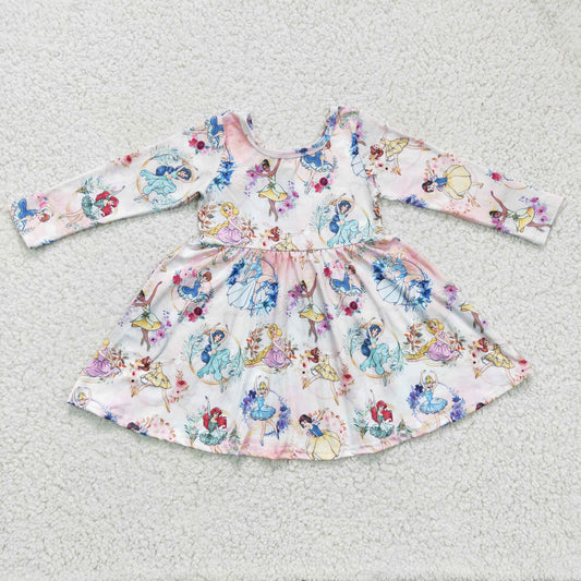 GLD0177 Cartoon Princess Flowers Print Girls Long Sleeve Knee Length Dress