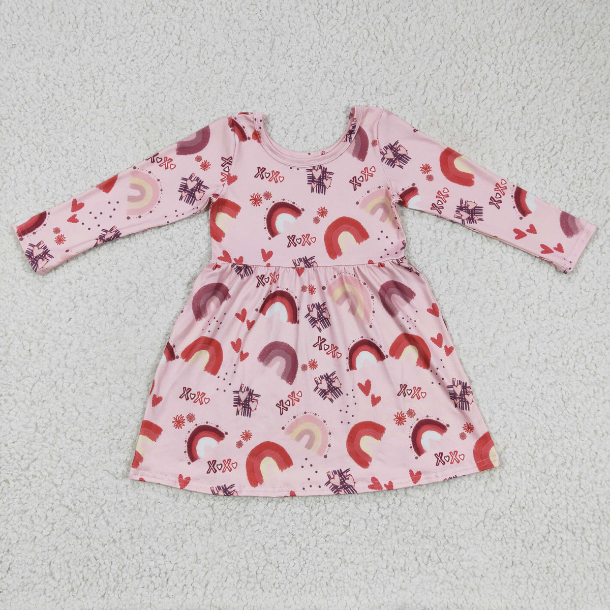GLD0178 Hearts XOXO Rainbow Print Girls Valentine's Day Knee Length Dress