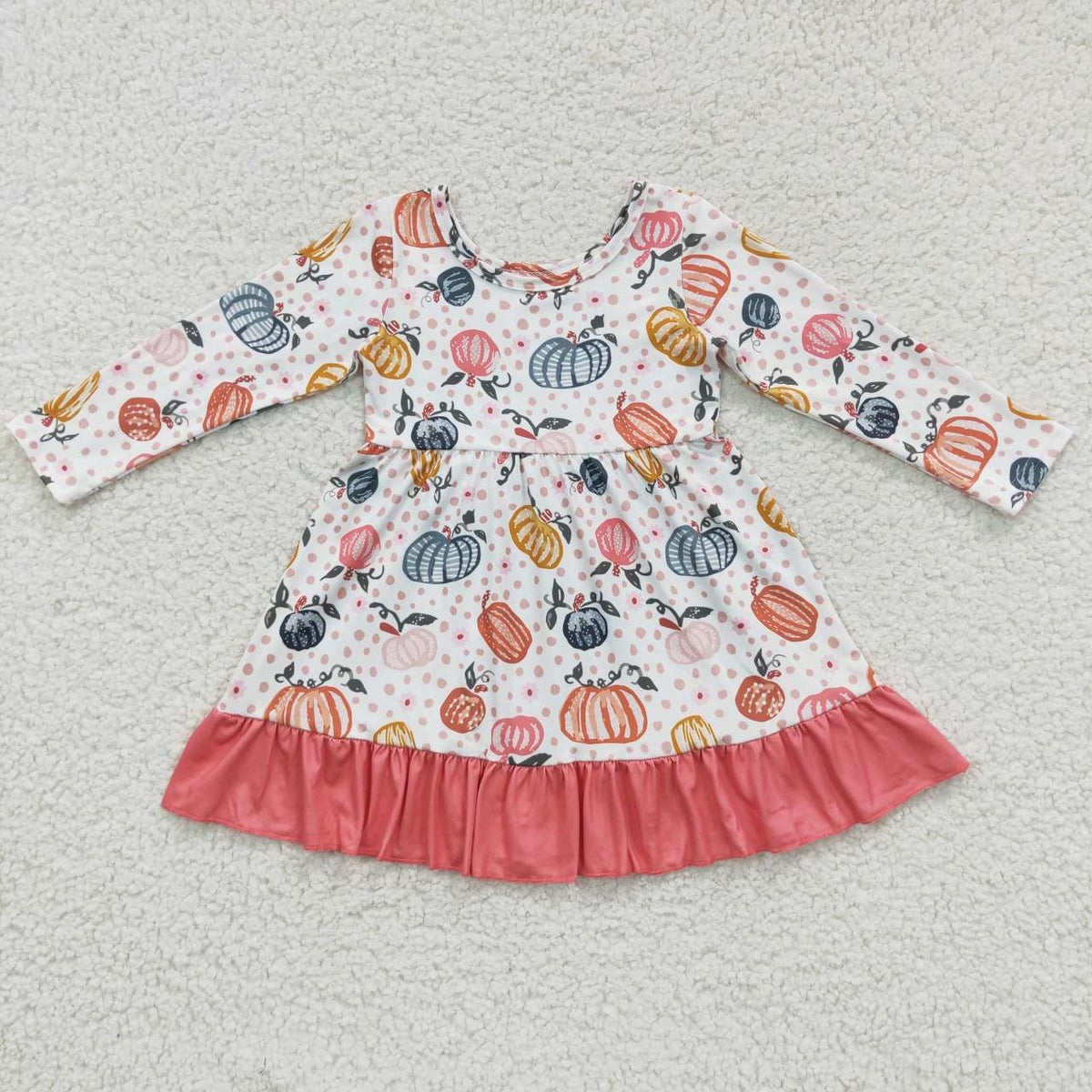 GLD0204 Pumpkin Print Girls Fall Knee Length Dress
