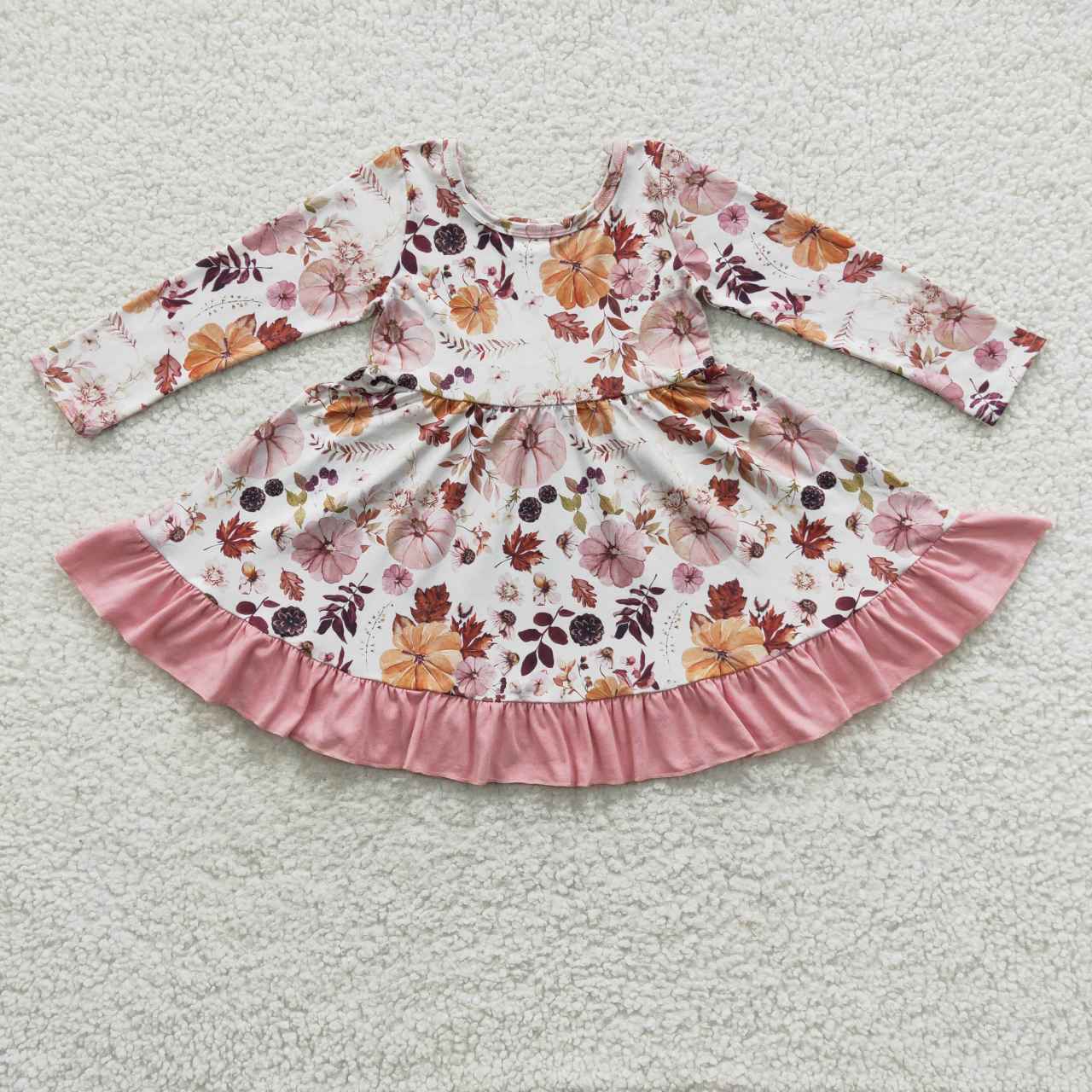 GLD0212 Pumpkin Flowers Girls Fall Knee Length Dress