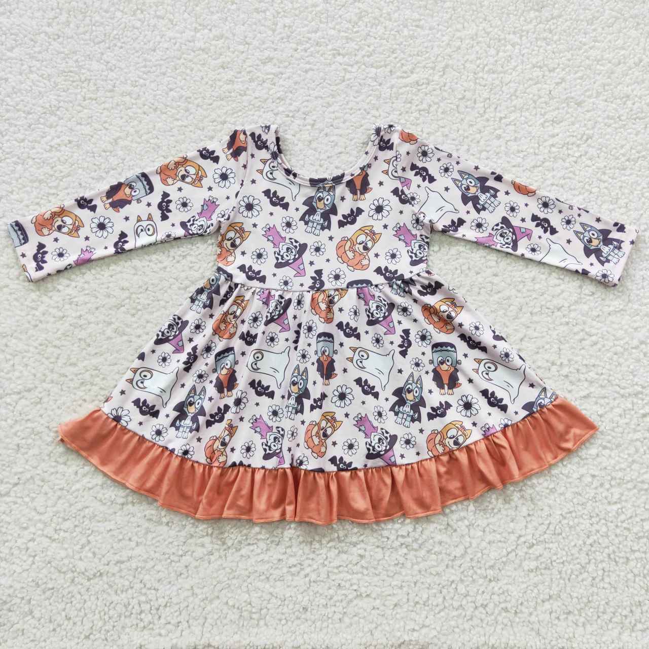 GLD0216 Cartoon Dog Flowers Bat Print Girls Halloween Knee Length Dress