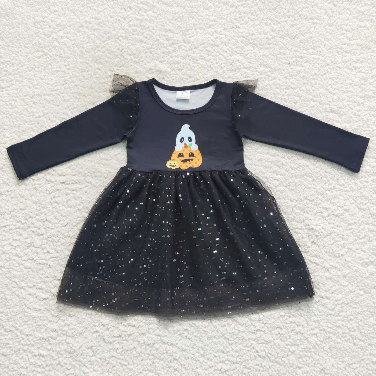 GLD0224 Pumpkin Ghost Print Girls Halloween Knee Length Tulle Dress