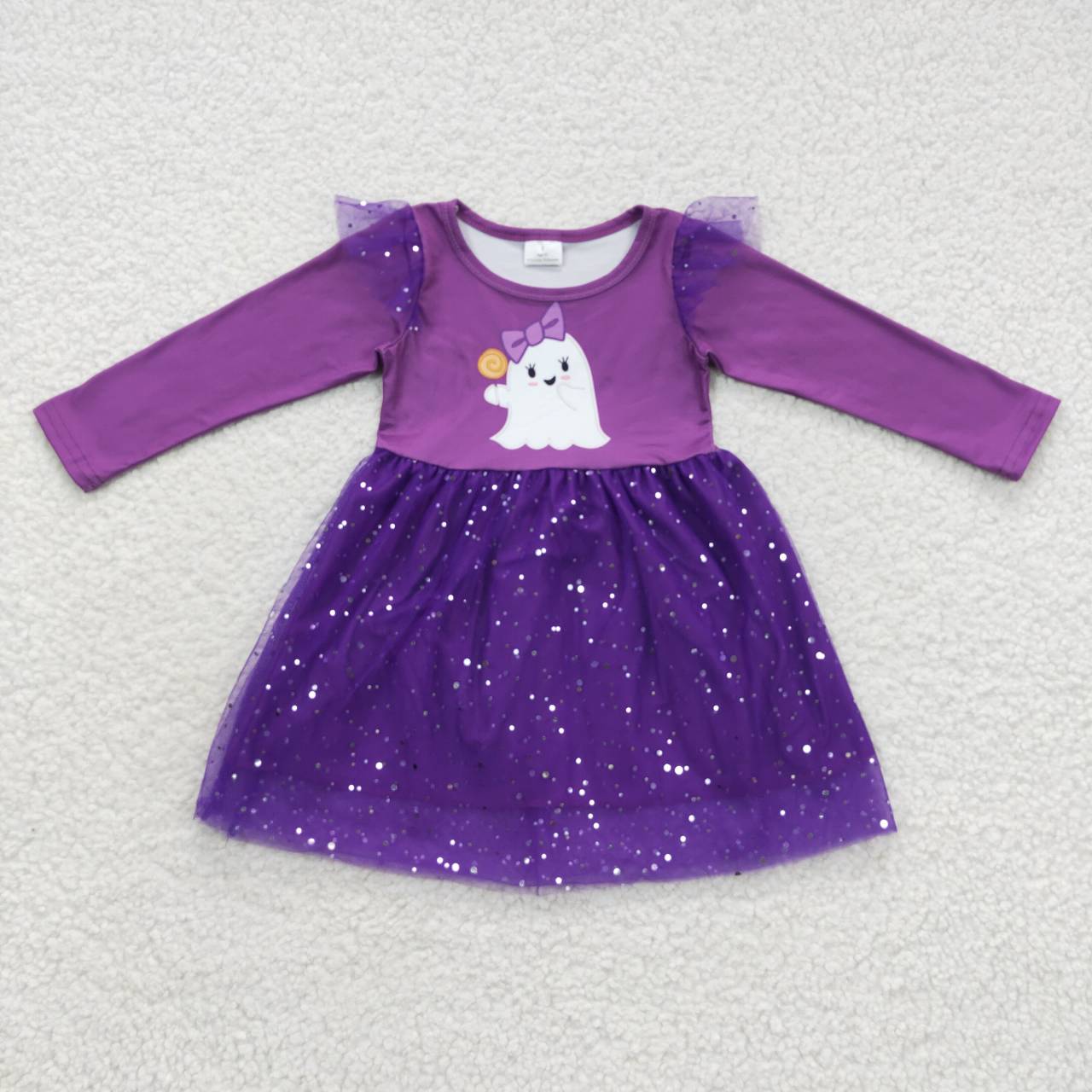 GLD0314 Ghost Purple Print Girls Halloween Knee Length Tulle Dress