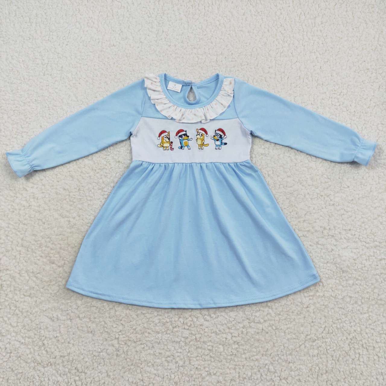 GLD0328 Cartoon Dog Embroidery Blue Cotton Girls Christmas Knee Length Dress