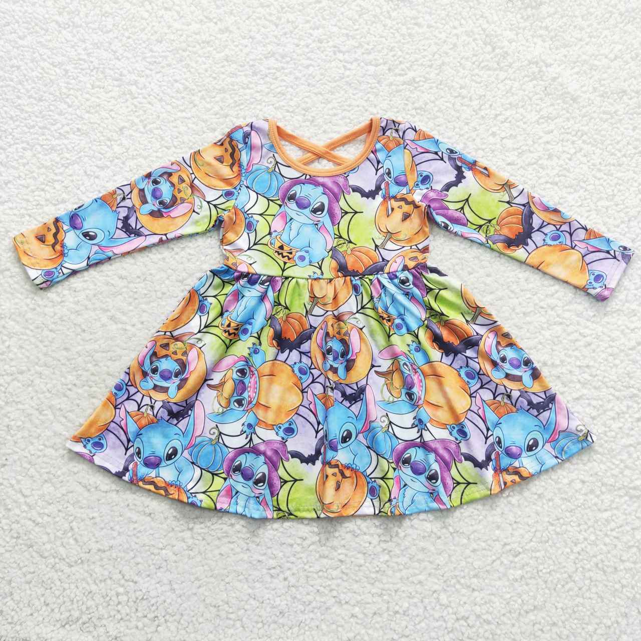 GLD0330 Cartoon Stitc* Pumpkin Print Girls Halloween Knee Length Dress