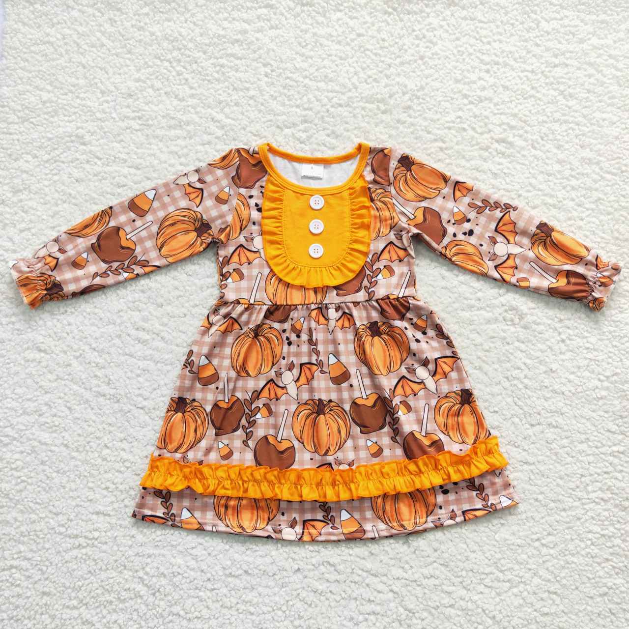 GLD0343 Pumpkin Candy Bat Checkerd Print Girls Halloween Knee Length Dress