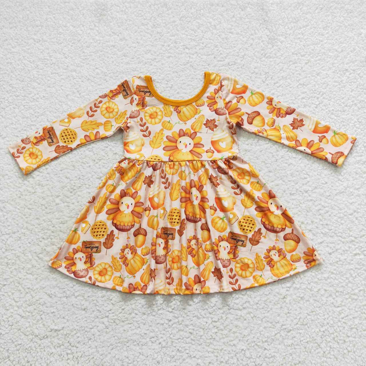 GLD0344 Turkey Pumpkin Pie Print Girls Thanksgiving Knee Length Dress